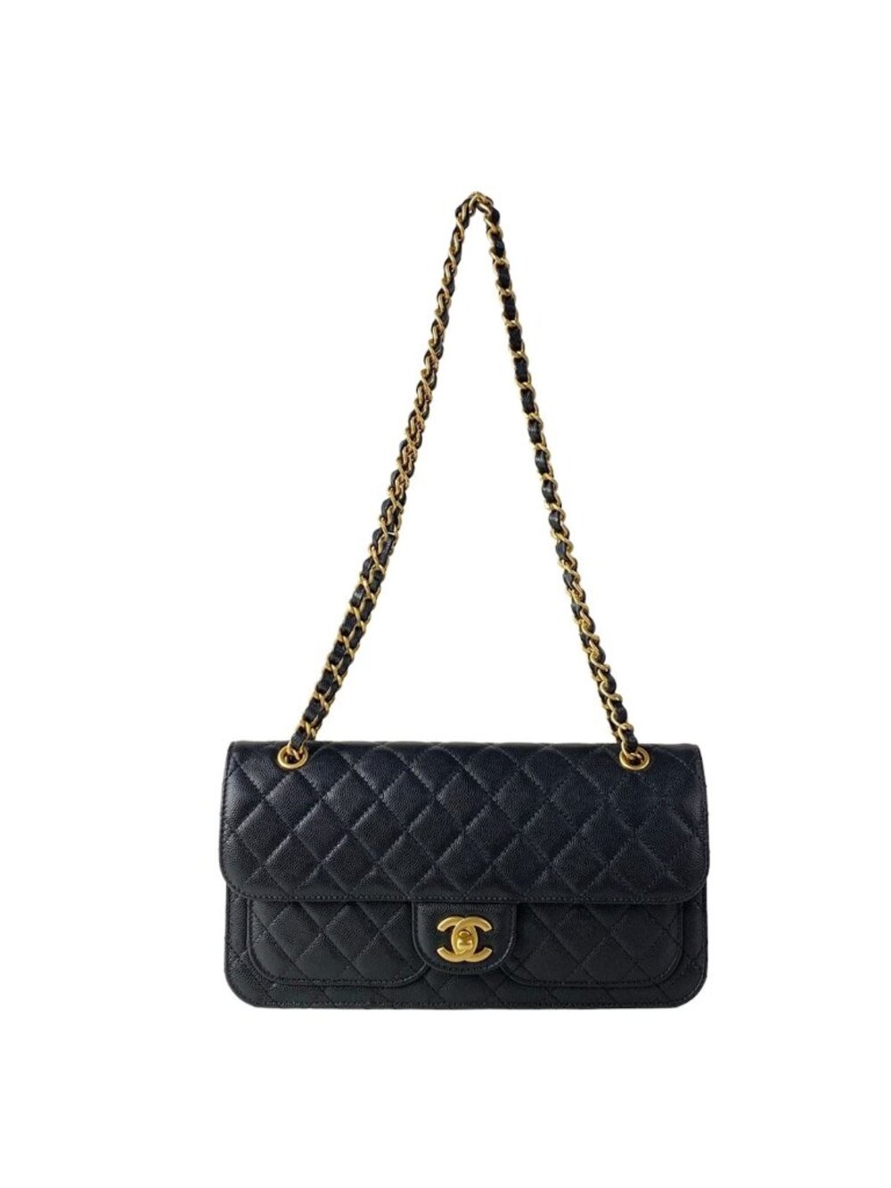 Chanel Shoulder Bag Quilted Black Metal Chain Double Pocket Matte Togo